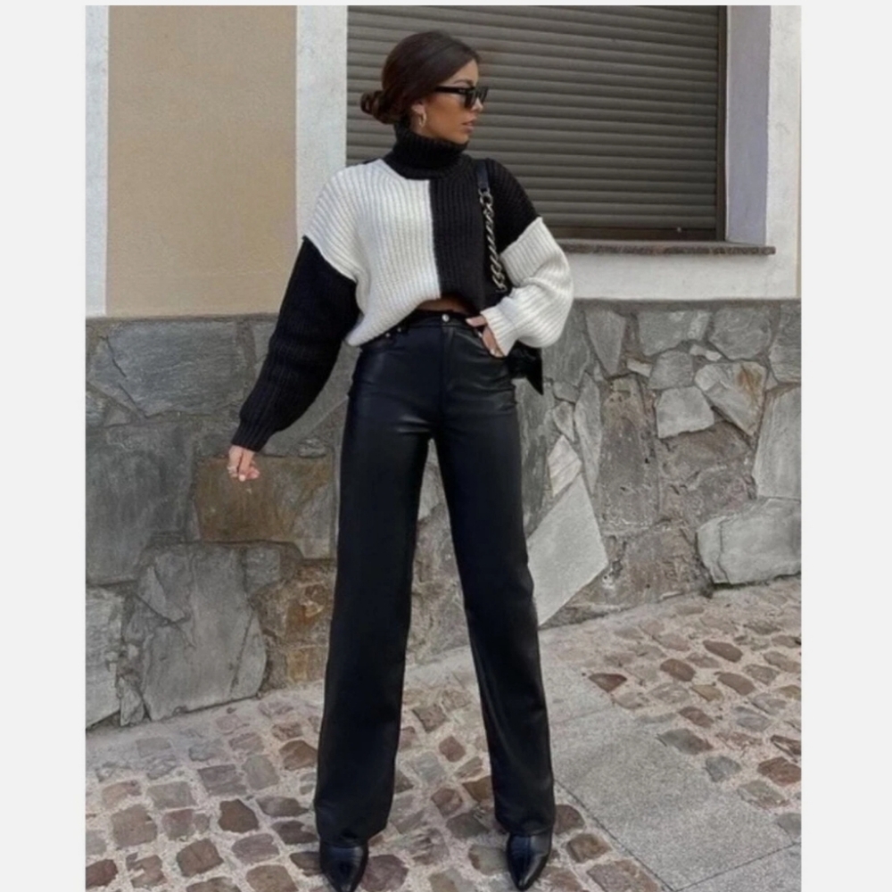 Zara Pants Size L Black Faux Leather Straight Leg Pockets Goth 90s Casual Street